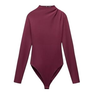 NWT Zara Pleated Shoulder Bodysuit Medium Burgundy Red Long Sleeve Mock Neck
